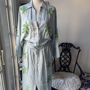Zara 2 piece Shirt and pants with Green beaded Leaf Design